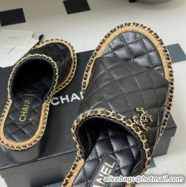 Most Popular Chanel Quilted Lambskin Heel Slides Sandal with Chain Black 2025A CH071505