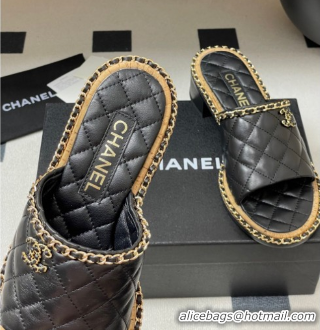 Most Popular Chanel Quilted Lambskin Heel Slides Sandal with Chain Black 2025A CH071505
