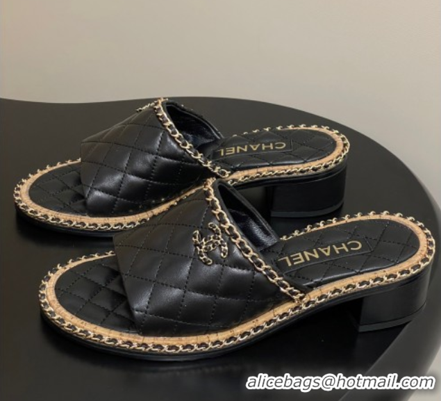 Most Popular Chanel Quilted Lambskin Heel Slides Sandal with Chain Black 2025A CH071505