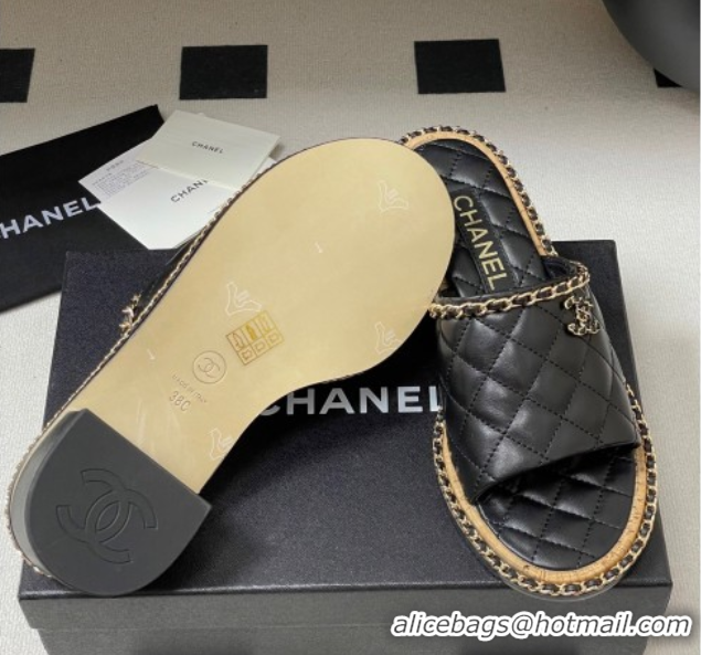 Most Popular Chanel Quilted Lambskin Heel Slides Sandal with Chain Black 2025A CH071505
