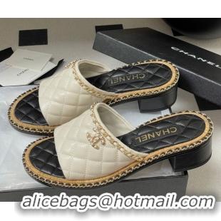 Top Design Chanel Quilted Lambskin Heel Slides Sandal with Chain White 2025A CH071505