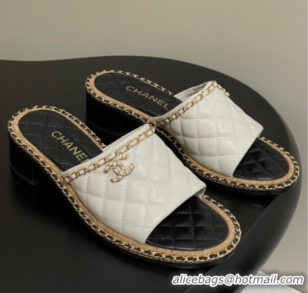 Top Design Chanel Quilted Lambskin Heel Slides Sandal with Chain White 2025A CH071505