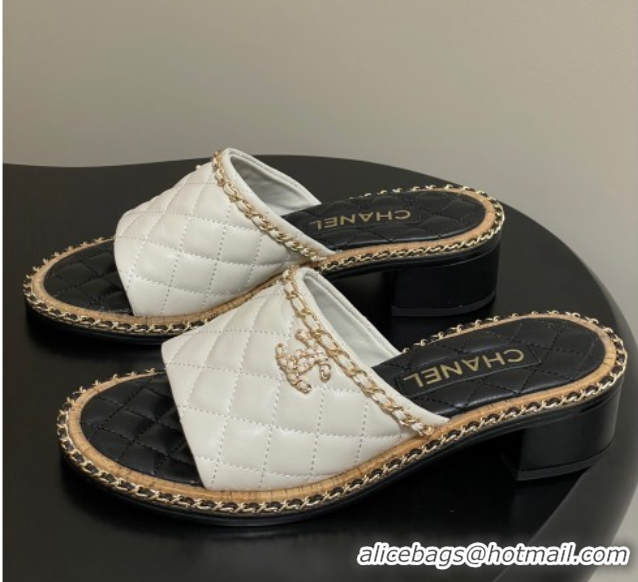 Top Design Chanel Quilted Lambskin Heel Slides Sandal with Chain White 2025A CH071505