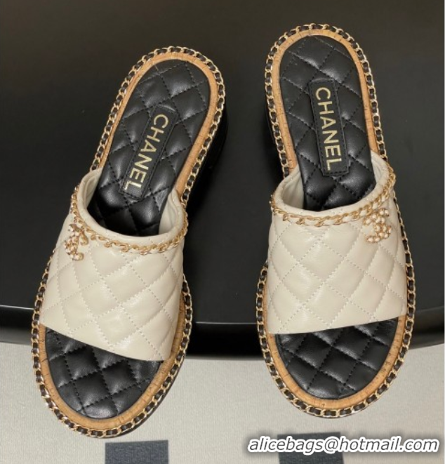 Top Design Chanel Quilted Lambskin Heel Slides Sandal with Chain White 2025A CH071505