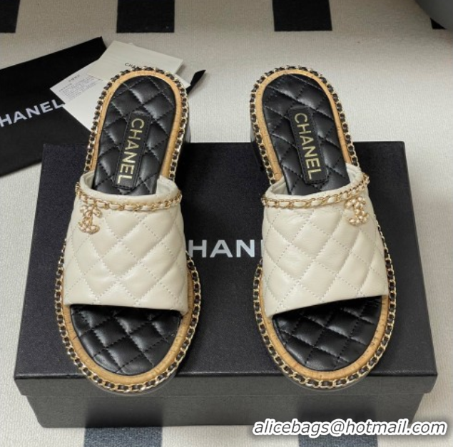 Top Design Chanel Quilted Lambskin Heel Slides Sandal with Chain White 2025A CH071505