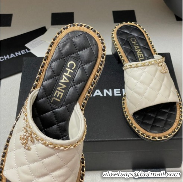 Top Design Chanel Quilted Lambskin Heel Slides Sandal with Chain White 2025A CH071505