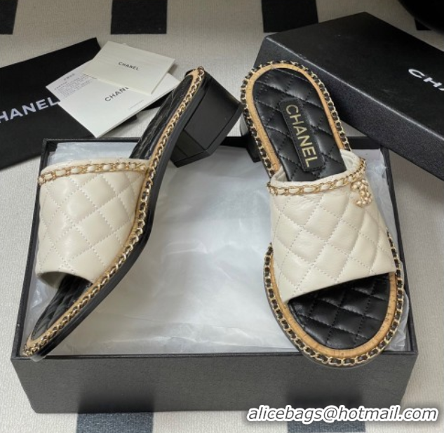 Top Design Chanel Quilted Lambskin Heel Slides Sandal with Chain White 2025A CH071505