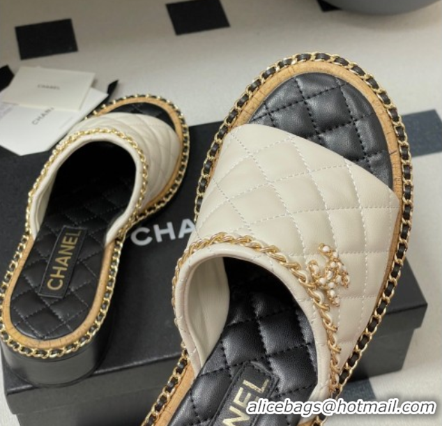 Top Design Chanel Quilted Lambskin Heel Slides Sandal with Chain White 2025A CH071505