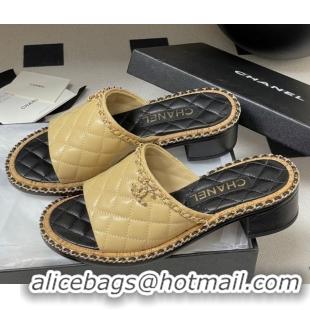 Shop Duplicate Chanel Quilted Lambskin Heel Slides Sandal with Chain Beige 2025A CH071505