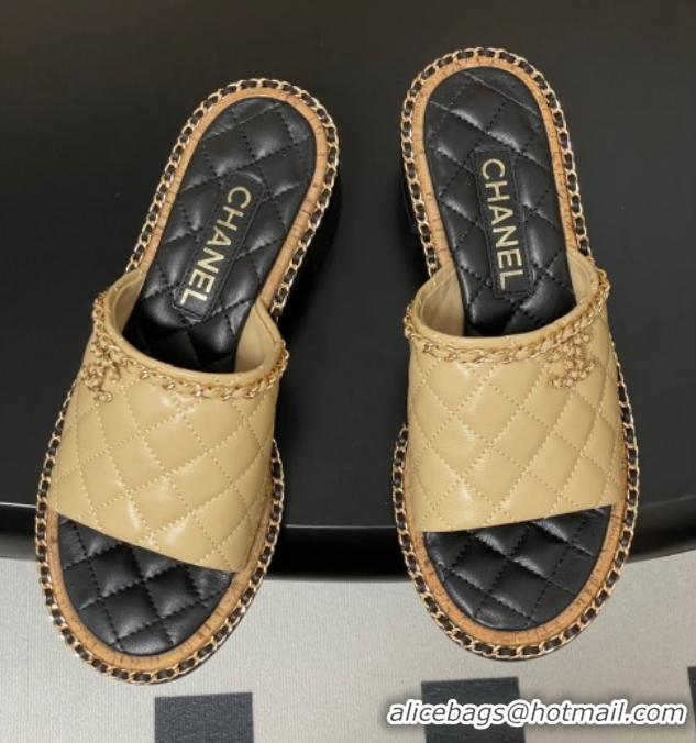 Shop Duplicate Chanel Quilted Lambskin Heel Slides Sandal with Chain Beige 2025A CH071505