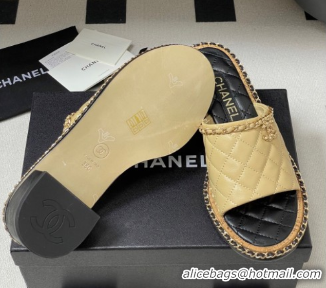 Shop Duplicate Chanel Quilted Lambskin Heel Slides Sandal with Chain Beige 2025A CH071505