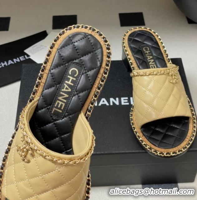 Shop Duplicate Chanel Quilted Lambskin Heel Slides Sandal with Chain Beige 2025A CH071505
