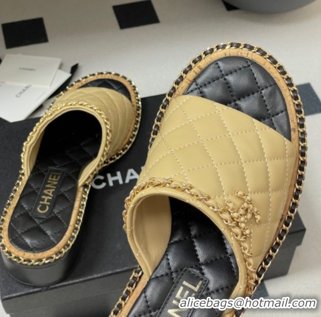 Shop Duplicate Chanel Quilted Lambskin Heel Slides Sandal with Chain Beige 2025A CH071505