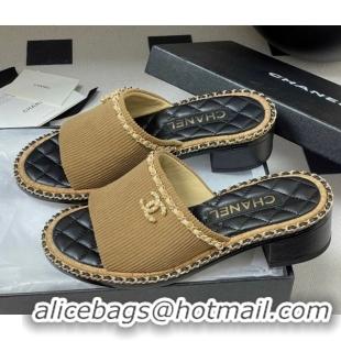Best Product Chanel Fabric Heel Slides Sandal with Chain Brown 2025A CH071505
