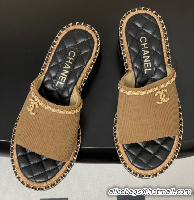 Best Product Chanel Fabric Heel Slides Sandal with Chain Brown 2025A CH071505