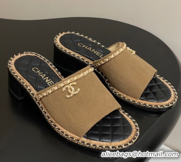 Best Product Chanel Fabric Heel Slides Sandal with Chain Brown 2025A CH071505