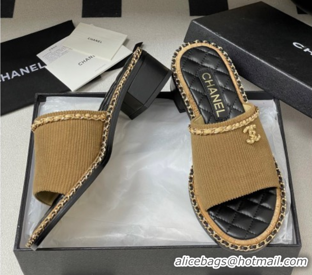Best Product Chanel Fabric Heel Slides Sandal with Chain Brown 2025A CH071505
