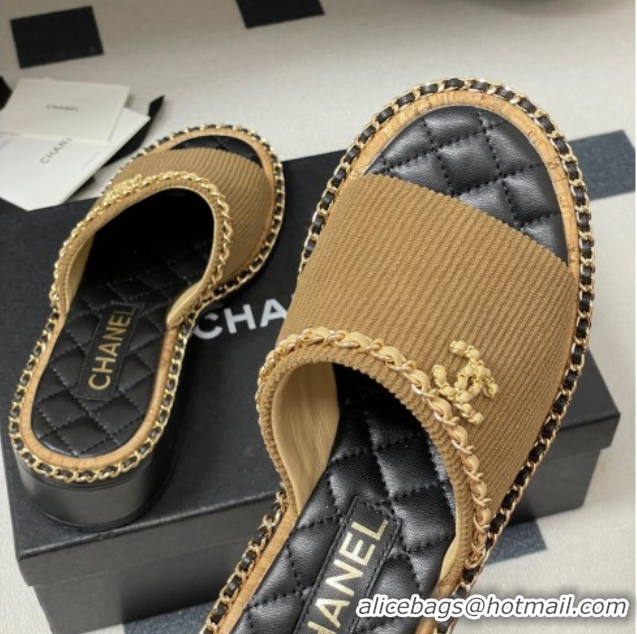 Best Product Chanel Fabric Heel Slides Sandal with Chain Brown 2025A CH071505