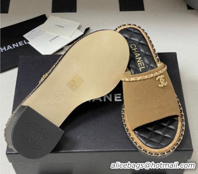 Best Product Chanel Fabric Heel Slides Sandal with Chain Brown 2025A CH071505