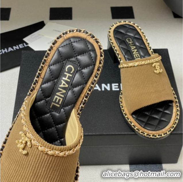 Best Product Chanel Fabric Heel Slides Sandal with Chain Brown 2025A CH071505