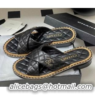 Popular Style Chanel Cross Lambskin Flat Slides Sandal with Chain Black 2025A CH071506