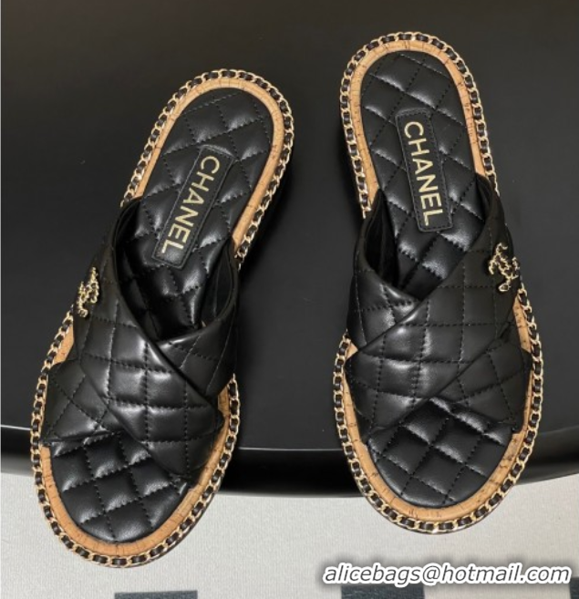 Popular Style Chanel Cross Lambskin Flat Slides Sandal with Chain Black 2025A CH071506