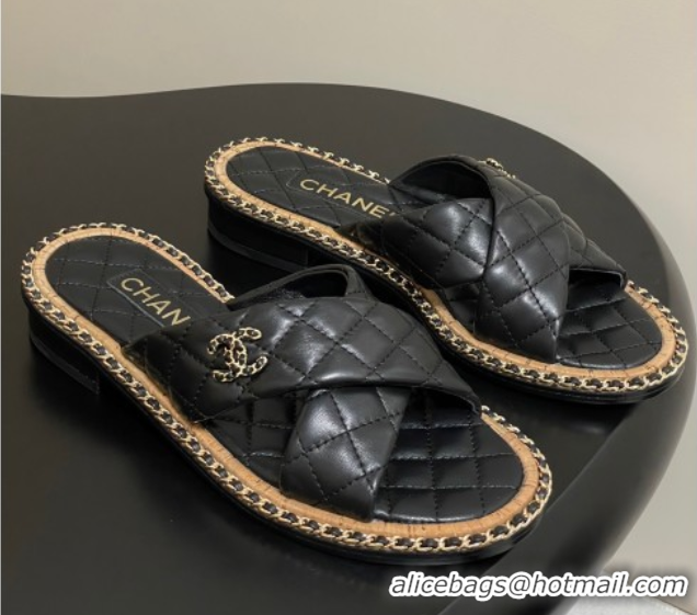 Popular Style Chanel Cross Lambskin Flat Slides Sandal with Chain Black 2025A CH071506