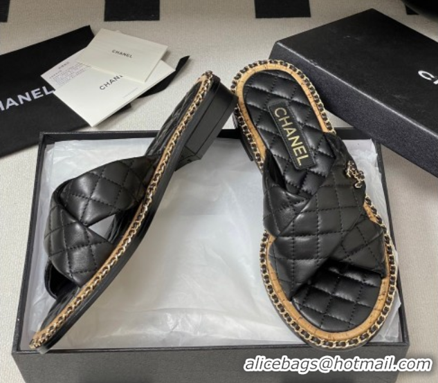 Popular Style Chanel Cross Lambskin Flat Slides Sandal with Chain Black 2025A CH071506
