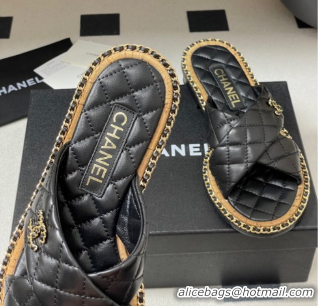 Popular Style Chanel Cross Lambskin Flat Slides Sandal with Chain Black 2025A CH071506