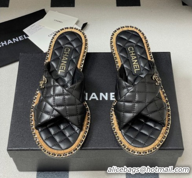 Popular Style Chanel Cross Lambskin Flat Slides Sandal with Chain Black 2025A CH071506
