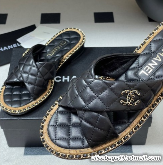 Popular Style Chanel Cross Lambskin Flat Slides Sandal with Chain Black 2025A CH071506