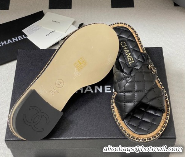 Popular Style Chanel Cross Lambskin Flat Slides Sandal with Chain Black 2025A CH071506