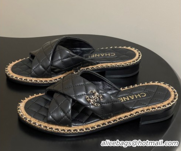 Popular Style Chanel Cross Lambskin Flat Slides Sandal with Chain Black 2025A CH071506