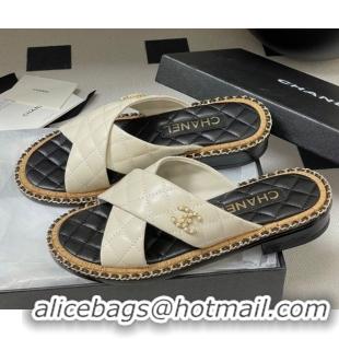 Top Grade Chanel Cross Lambskin Flat Slides Sandal with Chain White 2025A CH071506