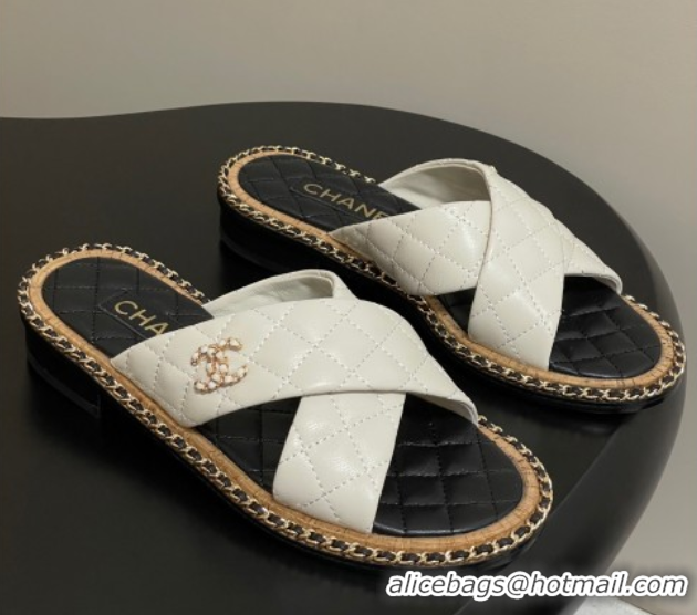 Top Grade Chanel Cross Lambskin Flat Slides Sandal with Chain White 2025A CH071506