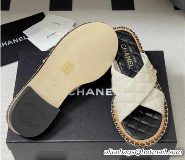 Top Grade Chanel Cross Lambskin Flat Slides Sandal with Chain White 2025A CH071506
