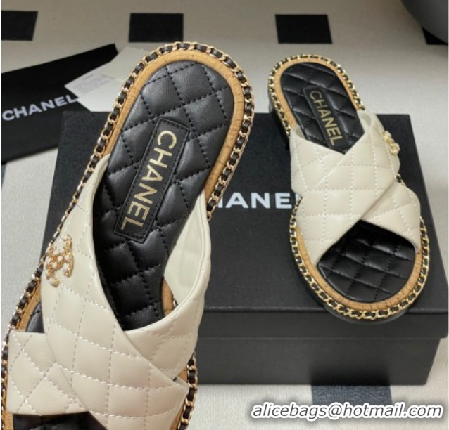 Top Grade Chanel Cross Lambskin Flat Slides Sandal with Chain White 2025A CH071506