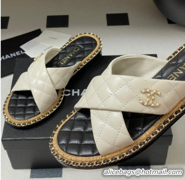 Top Grade Chanel Cross Lambskin Flat Slides Sandal with Chain White 2025A CH071506