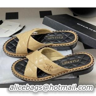 Classic Specials Chanel Cross Lambskin Flat Slides Sandal with Chain Beige 2025A CH071506