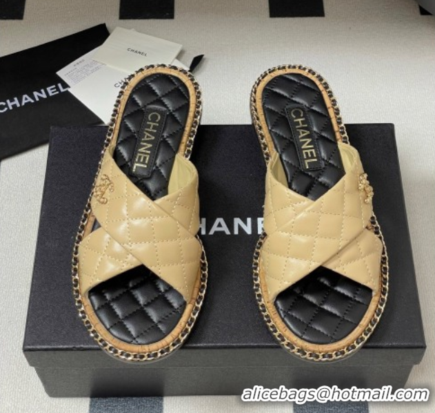 Classic Specials Chanel Cross Lambskin Flat Slides Sandal with Chain Beige 2025A CH071506
