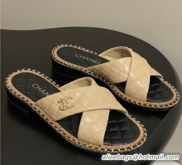Classic Specials Chanel Cross Lambskin Flat Slides Sandal with Chain Beige 2025A CH071506