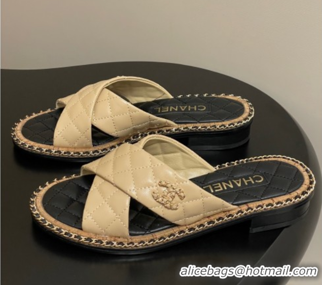 Classic Specials Chanel Cross Lambskin Flat Slides Sandal with Chain Beige 2025A CH071506