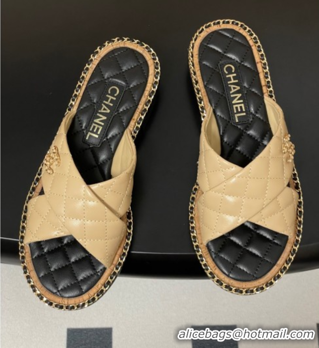 Classic Specials Chanel Cross Lambskin Flat Slides Sandal with Chain Beige 2025A CH071506