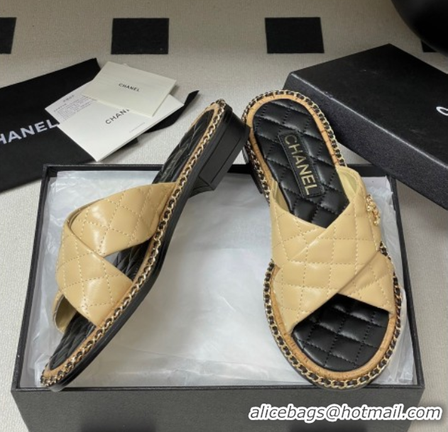 Classic Specials Chanel Cross Lambskin Flat Slides Sandal with Chain Beige 2025A CH071506