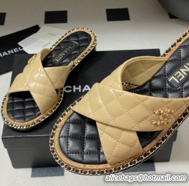 Classic Specials Chanel Cross Lambskin Flat Slides Sandal with Chain Beige 2025A CH071506