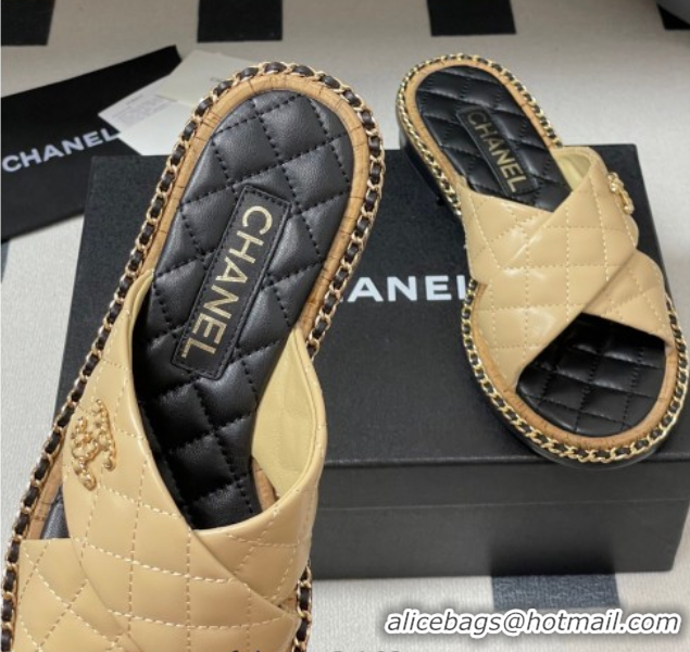 Classic Specials Chanel Cross Lambskin Flat Slides Sandal with Chain Beige 2025A CH071506