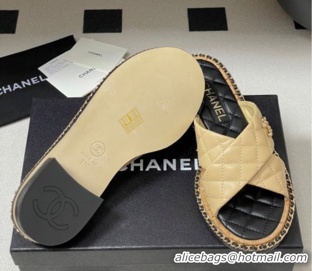 Classic Specials Chanel Cross Lambskin Flat Slides Sandal with Chain Beige 2025A CH071506