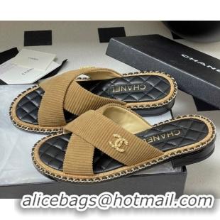 Good Product Chanel Cross Fabric Flat Slides Sandal with Chain Brown 2025A CH071506