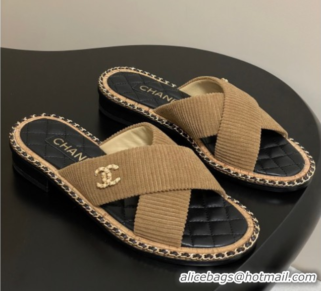 Good Product Chanel Cross Fabric Flat Slides Sandal with Chain Brown 2025A CH071506