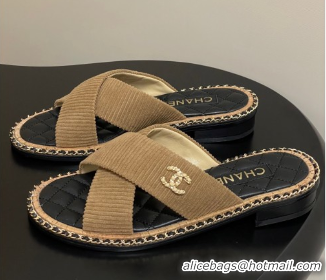 Good Product Chanel Cross Fabric Flat Slides Sandal with Chain Brown 2025A CH071506